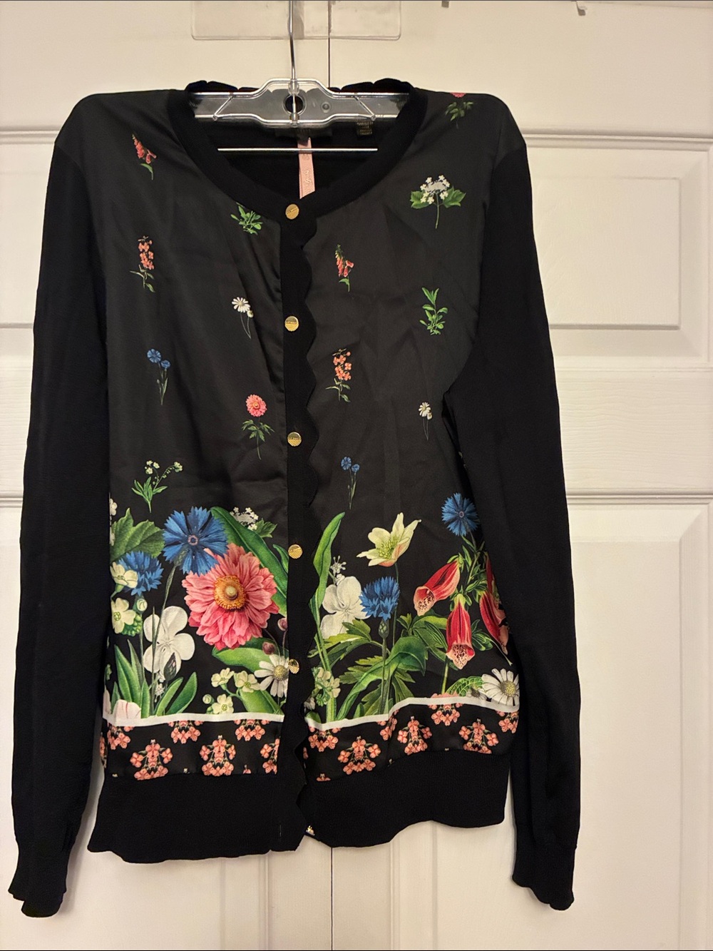 Ted Baker London Floral Front Mixed Media Knit Cardigan Size 3 US 8 M